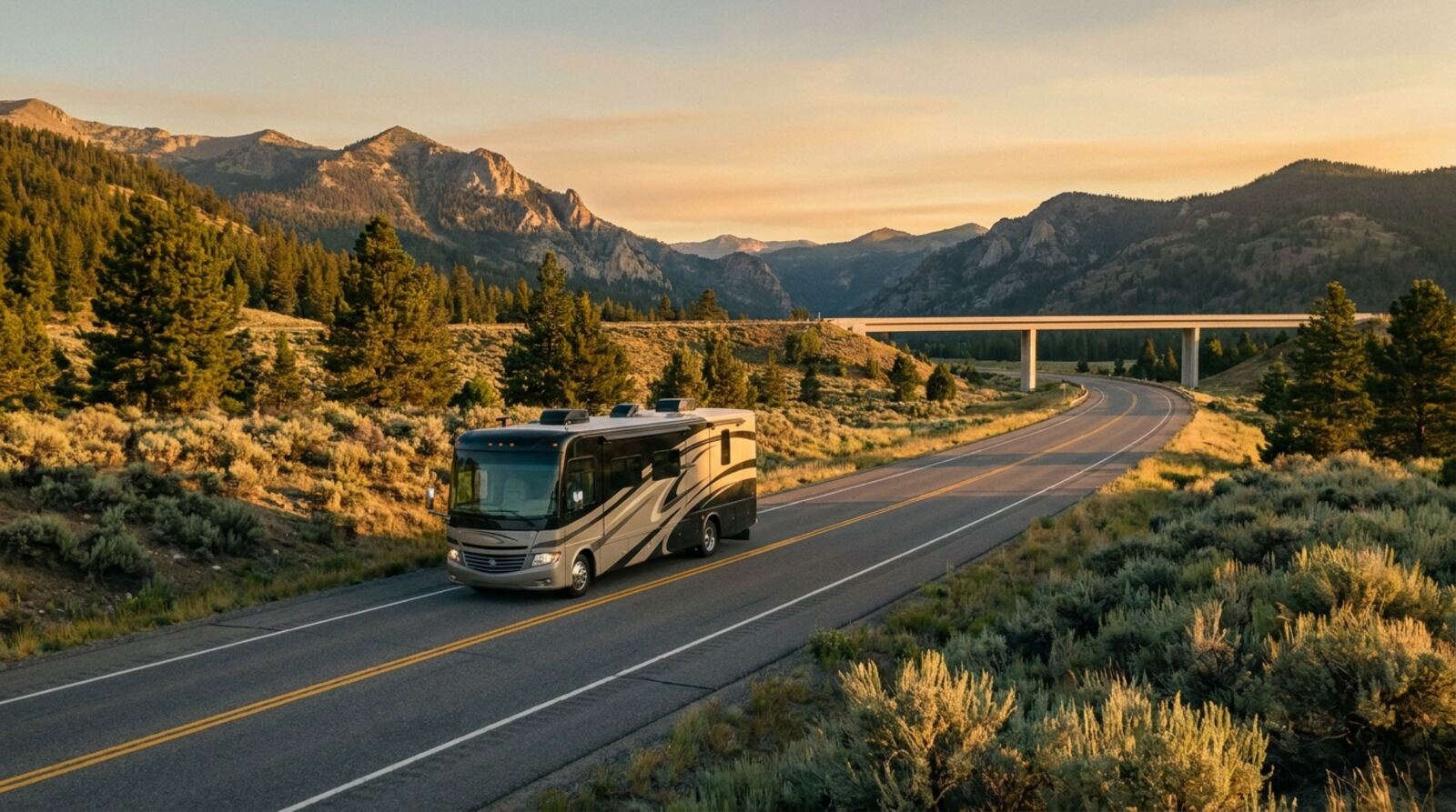 A Class A motorhome on a mountain highway approaching a tall, clear overpass